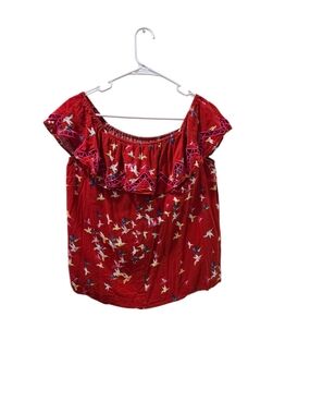 Art Class Red Bird Print Peasant Top Girls XL 14/16 Boho Rayon Blouse Summer